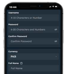 User registration form with username, password, confirm password, currency, full name, phone number, email, and optional referral code fields
