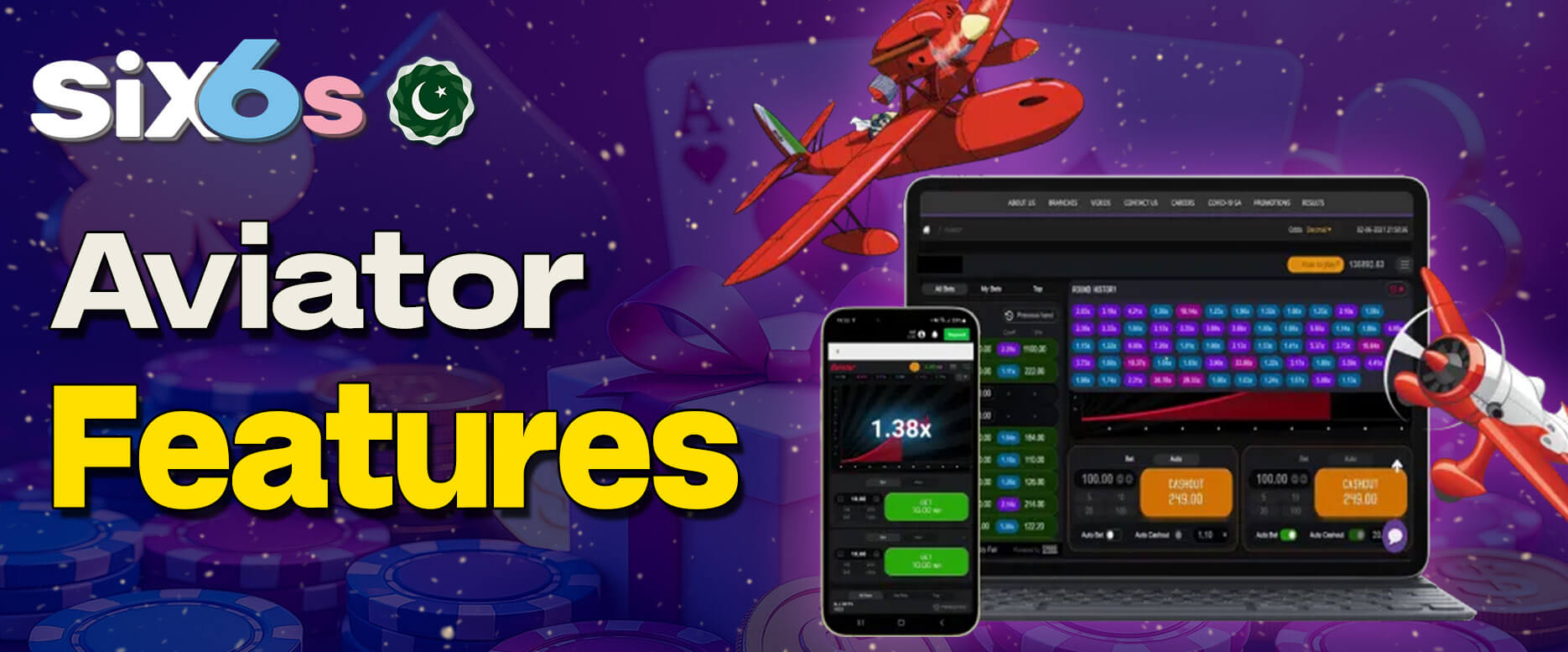 Six6s Aviator game interface with key features highlighted.