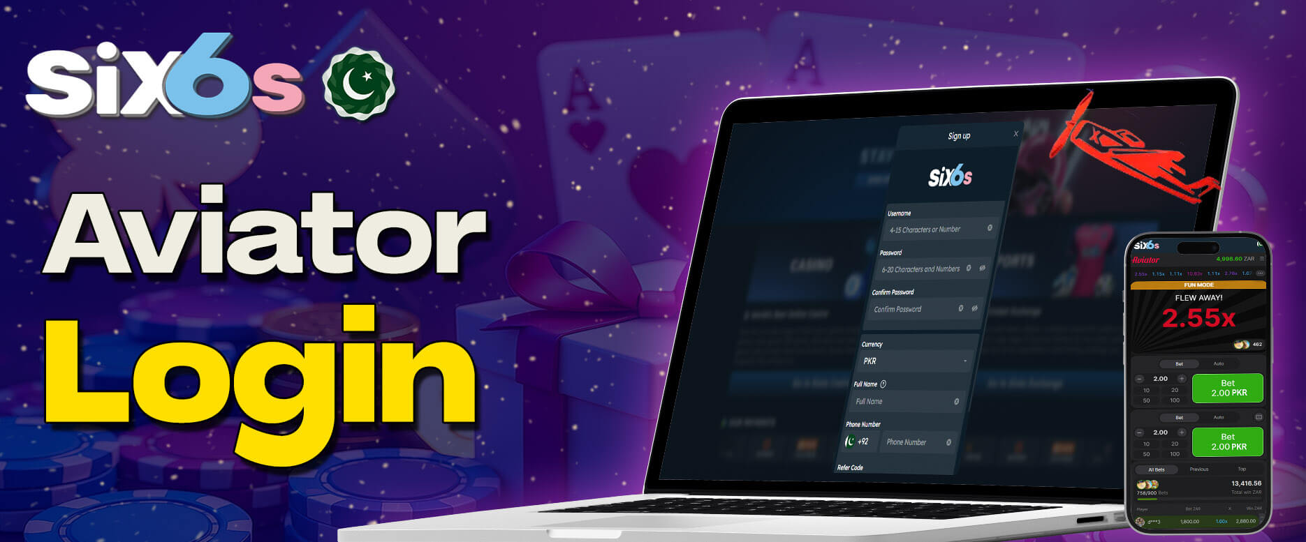 Registration and live play in Six6s Aviator