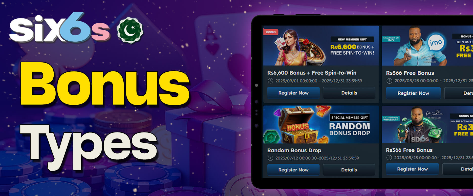 Different bonuses activated by Six6s promo codes