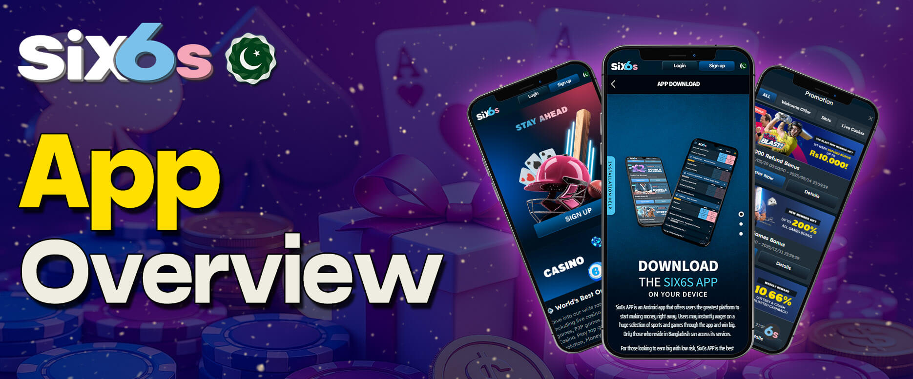 Screenshot of Six6s mobile app home screen, downloads page, and bonuses section.